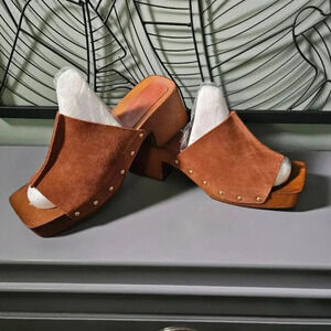 Asos Design |  BROWN Suede Clogs Mules with Antique Gold Tone Studs